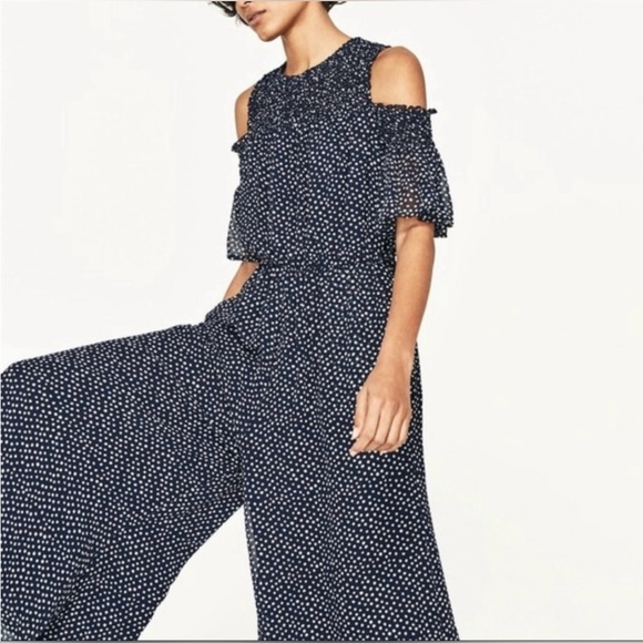 Zara Blue and White Polka Dot Cold Shoulder Jumpsuit - Picture 1 of 14